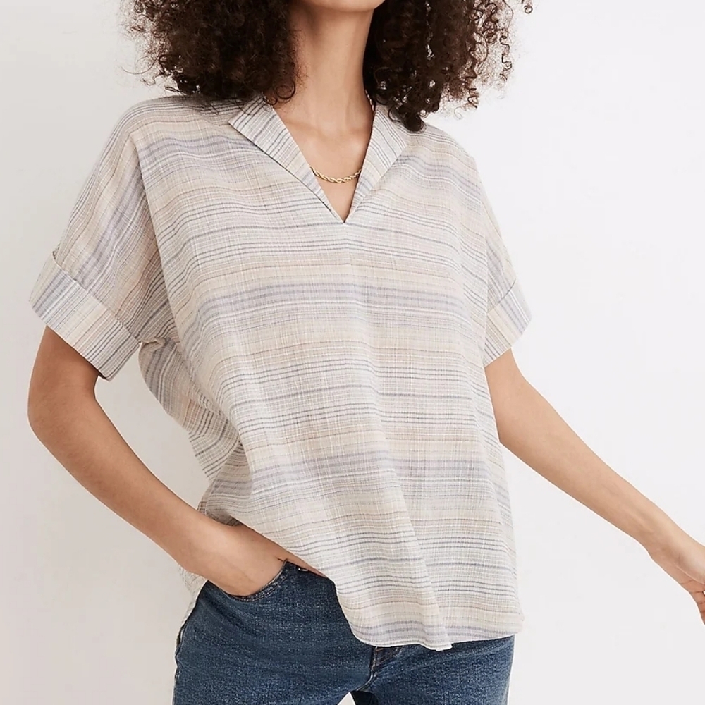 Madewell Crinkle Hayden Popover Top In Stripe NWT Size Extra Small